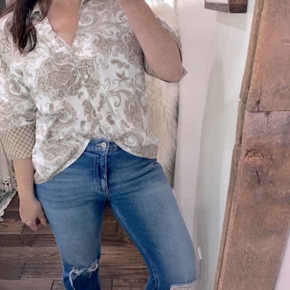 Coldwater creek tan & white floral cotton button down shirt size 2X - Picture 2 of 10